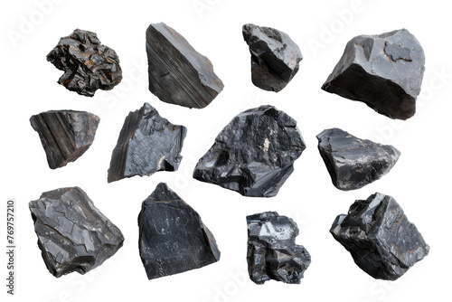 Black sedimentary rocks collection isolated on clear