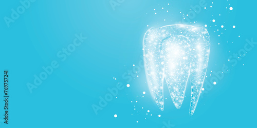 Tooth. Abstract wireframe low poly style banner. Dentistry services, teeth treatment, dental care, stomatology concept. Blue background. Vector illustration