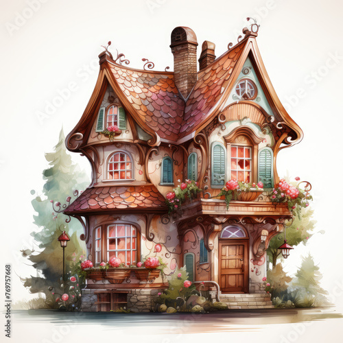 watercolor Kawaii Gingerbread House clipart, Generative Ai