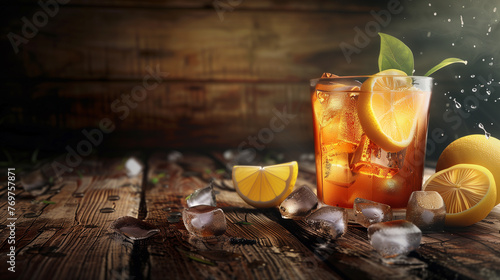 ice tea with slice of lemon on the wooden
