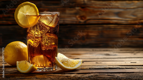 ice tea with slice of lemon on the wooden