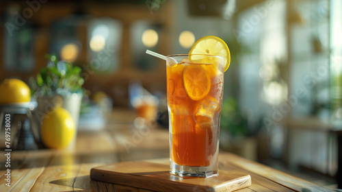 ice tea with slice of lemon on the wooden