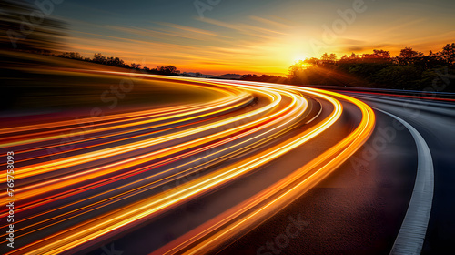 Long exposure of traffic lights on curvy road at sunset.