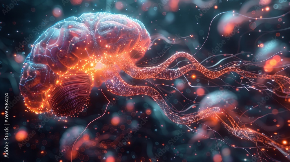 Digital illustration of a neuron with glowing connections, representing neural activity and brain function in vivid detail Digital illustration of a neuron with glowing connections, representing neural activity and brain function in vivid detail