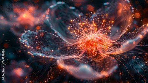 A vivid representation of a celestial flower-like burst, radiating with fiery hues and interconnected by delicate filaments against a dark backdrop