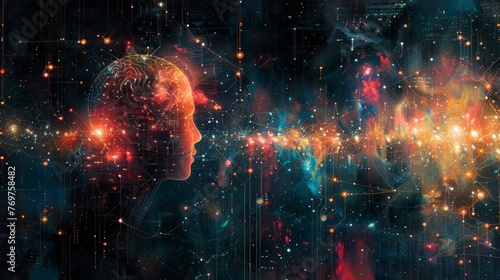 A digital collage blending a human silhouette with an explosion of synaptic connections resembling a starry sky, symbolizing the boundless potential of the human mind