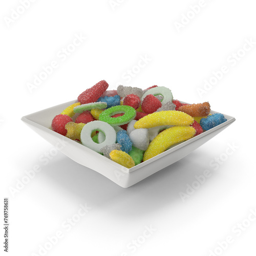 Square Bowl with Sugar Coated Gummy Candy. photo