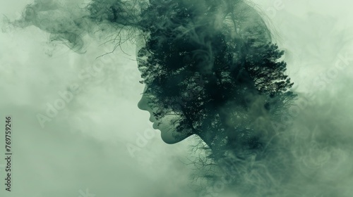Surreal abstract background with a horror twist, featuring a double exposure of human form entwined with eerie natural scenery, invoking a sense of dread
