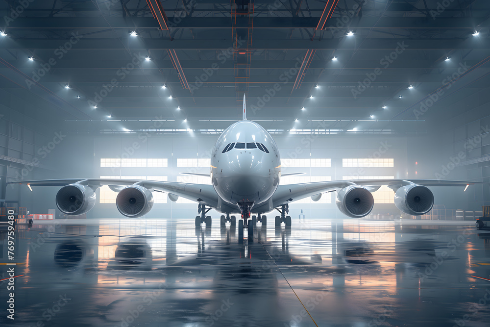 Fototapeta premium Passenger wide body double decker aircraft after maintenance repair in airport hangar, ready to fly