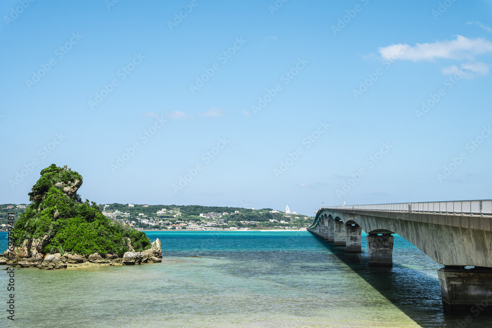 The sea and long bridges of Okinawa, Japan.