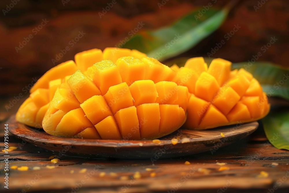 Famous Alphonso mango slices over wood background,Selective focus image. generative ai. Famous Alphonso mango slices over wood background,Selective focus image. generative ai.
