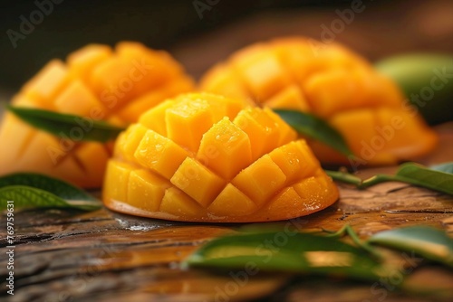 Famous Alphonso mango slices over wood background,Selective focus image. generative ai. © SEUNGJIN