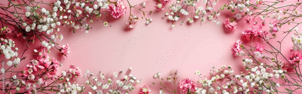 Spring Greeting Card with White and Pink Gypsophila and Carnations on Pastel Pink Background, Perfect for Mother's Day or Birthday, with Copy Space and Square Photo Frame Spring Greeting Card with White and Pink Gypsophila and Carnations on Pastel Pink Background, Perfect for Mother's Day or Birthday, with Copy Space and Square Photo Frame