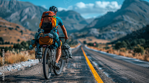 A cyclist traveling on the road, bicycle with backpacks. photo