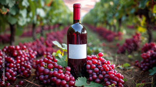 Red wine bottle with blank label and grapes in vineyard at sunset.