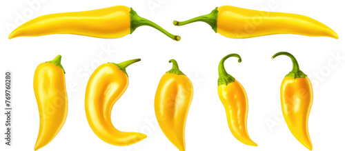 Set of yellow chilli peppers isolated on transparent a white background 