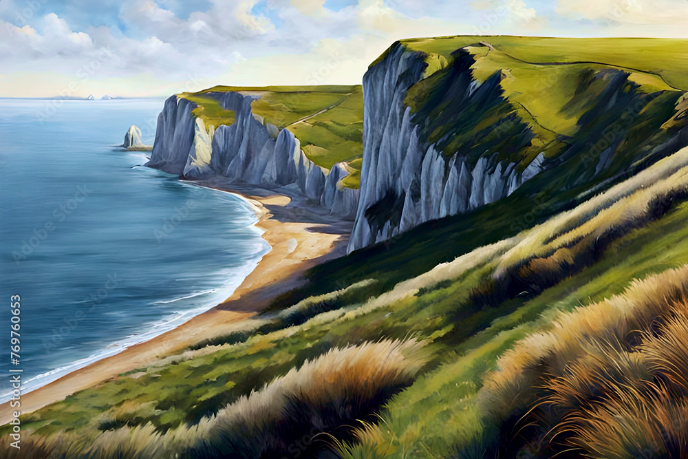 beautiful landscape painting of the cliffs of dover - grassy rocky bluffs over the sea beneath the cloudy sky on a brilliant summer day - stunning panorama vista seascape, grassy slope over the beach - obrazy, fototapety, plakaty 
