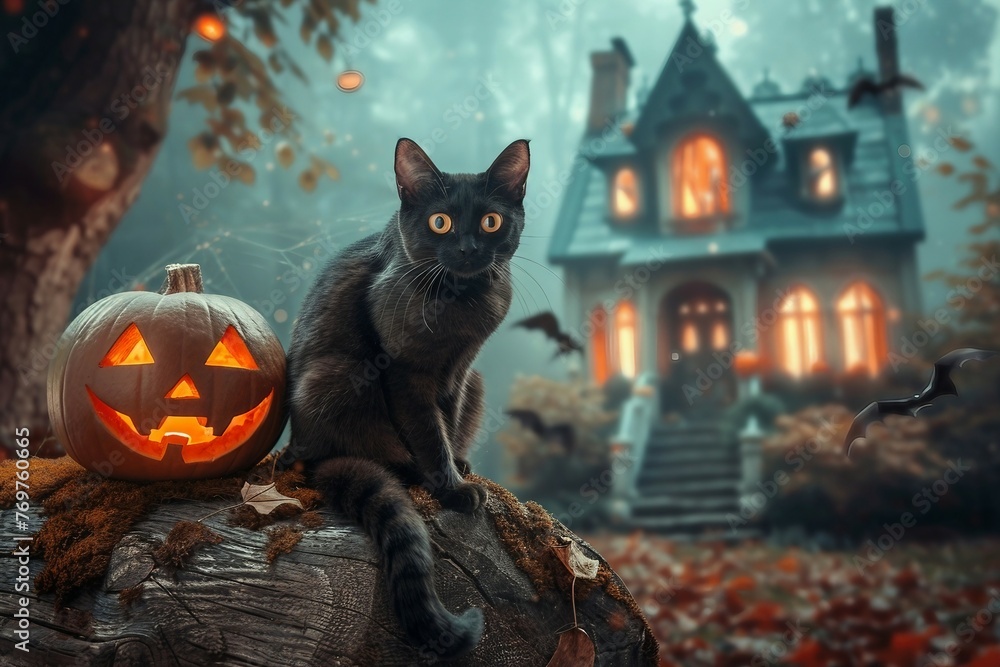 a black cat sitting next to a halloween pumpkin a black cat sitting next to a halloween pumpkin