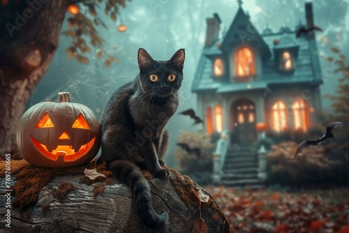 a black cat sitting next to a halloween pumpkin