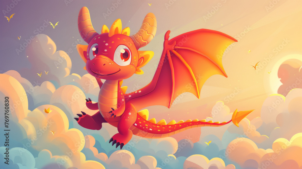 Obraz premium Brightly colored cartoon dragon soaring happily through a dreamy sky with fluffy clouds.