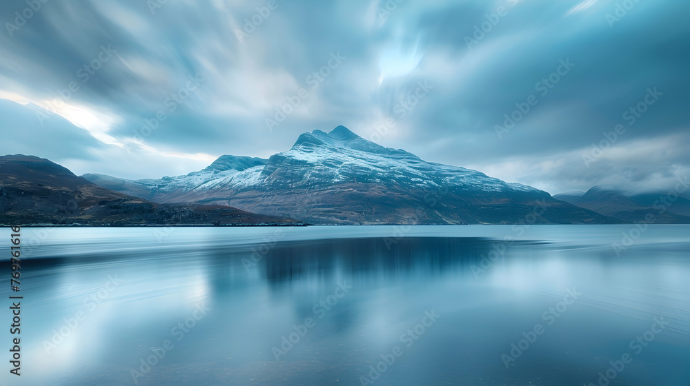 Majestic mountain, tranquil seascape, flowing water, blurred motion, natural beauty