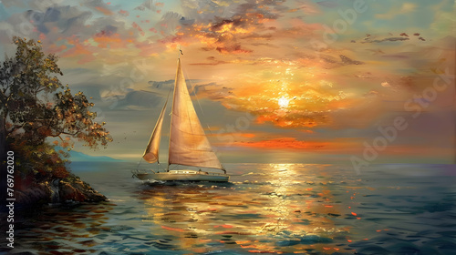 Sailboat sails on tranquil water, sunset paints nature beauty
