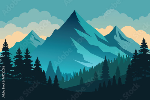 Realistic mountains landscape. Morning wood panorama  pine trees and mountains silhouettes. Vector forest hiking