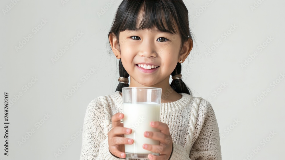 World Milk Day, Five year old Asian girl sits holding a glass of healthy milk. World Milk Day, Five year old Asian girl sits holding a glass of healthy milk.