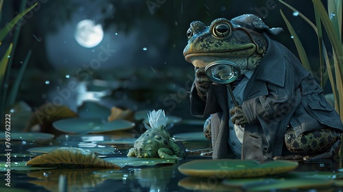 A detective frog in a classic trench coat peers through a magnifier, examining clues on lily pads under the moonlight