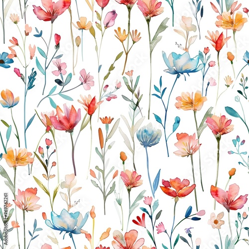 Seamless pattern with bright watercolor flowers. Botanical print blooming wildflowers is ideal for fabrics and packaging, textiles and wallpaper. Artistic floral decor for various design projects