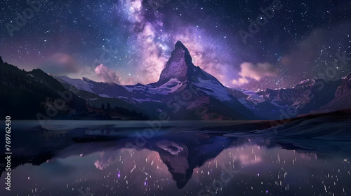 Tranquil mountain peak reflects galaxy in serene night landscape