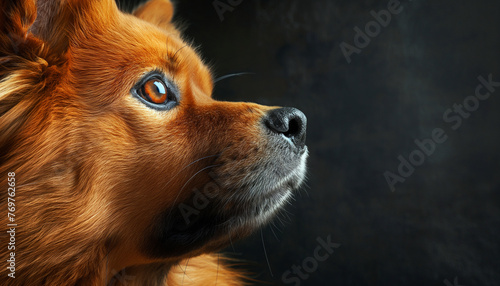 Close-up profile portrait of dog Finnish Spitz breed on black background.
 photo