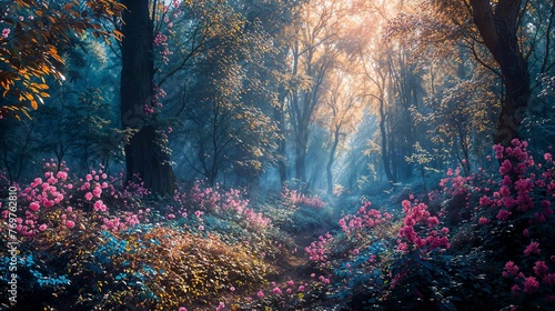 Dancing Sunbeams in Blooming Floral Forest. Beautiful landscape wallpaper high quality screen background