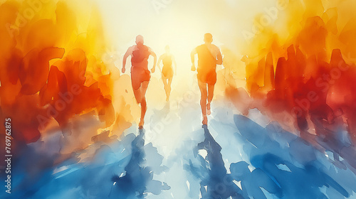 Sport activity concept. Watercolour illustration of runners on colourful background. Selective focus. Copy space  photo