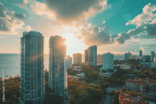 photo of tall buildings in miami  ocean view  sunny day  wide angle shot  drone photo Generative AI