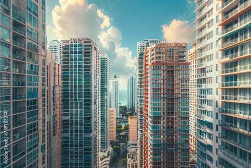 A wide shot of luxury buildings in Miami Beach, sun tower skyscrapers with an ocean view Generative AI