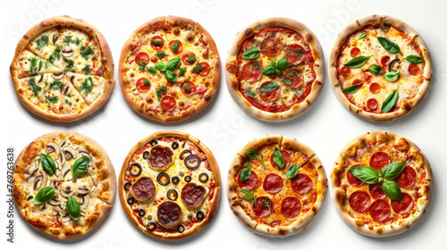 An array of eight freshly baked gourmet pizzas, each with different toppings, arranged on a white background.