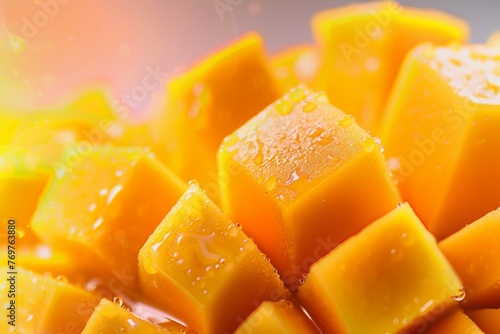 Mango cubes slices close up Macro. generative ai.