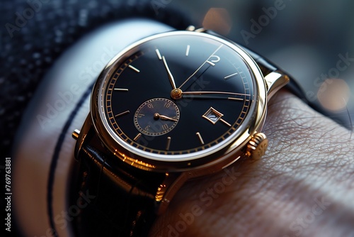 a man in a classic black suit wears a classic gold watch