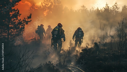 Firefighters battling blazing infernos, showcasing teamwork and bravery photo