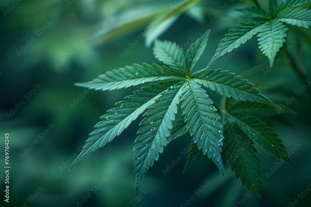 Close-up photo of green plant with water drops. Cannabis leaves background Close-up photo of green plant with water drops. Cannabis leaves background