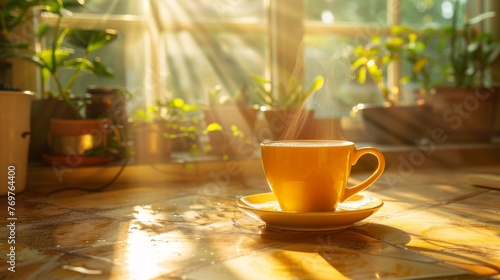 Enjoying morning coffee, cup rests on the kitchen counter, basking in serene morning light photo