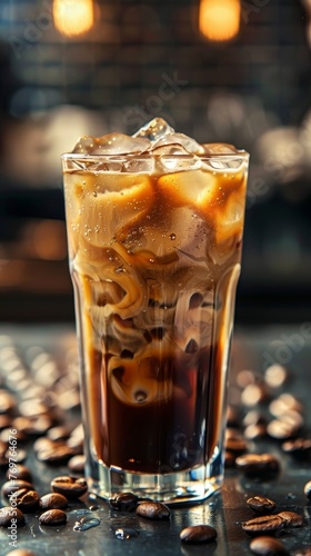 Iced coffee in a tall glass, condensation beads, on a hot summer day, vibrant outdoor cafe background