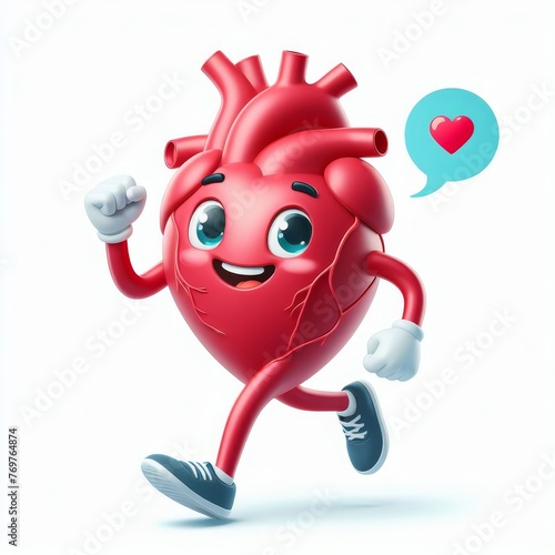 3d cartoon smiling heart runs on white background
