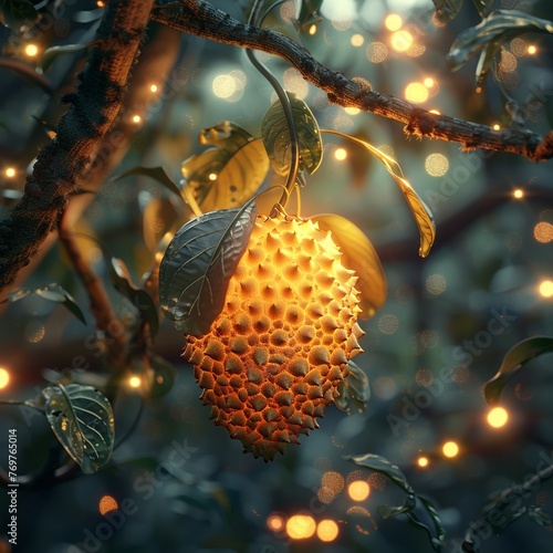 Golden Phoenix Fruit, shimmering scales, sacred fruit from the Eastern myths, glowing in an enchanted garden, mystical ambiance, 3D render, backlight, depth of field bokeh effect, Close-up 