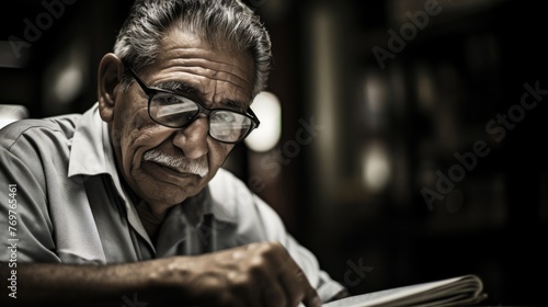 Elderly man with glasses reading a book in a thoughtful atmosphere