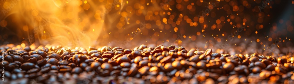 In the coffee roasting process, beans tumble in the roaster, showcasing warm, rich colors and a hint of smoke In the coffee roasting process, beans tumble in the roaster, showcasing warm, rich colors and a hint of smoke