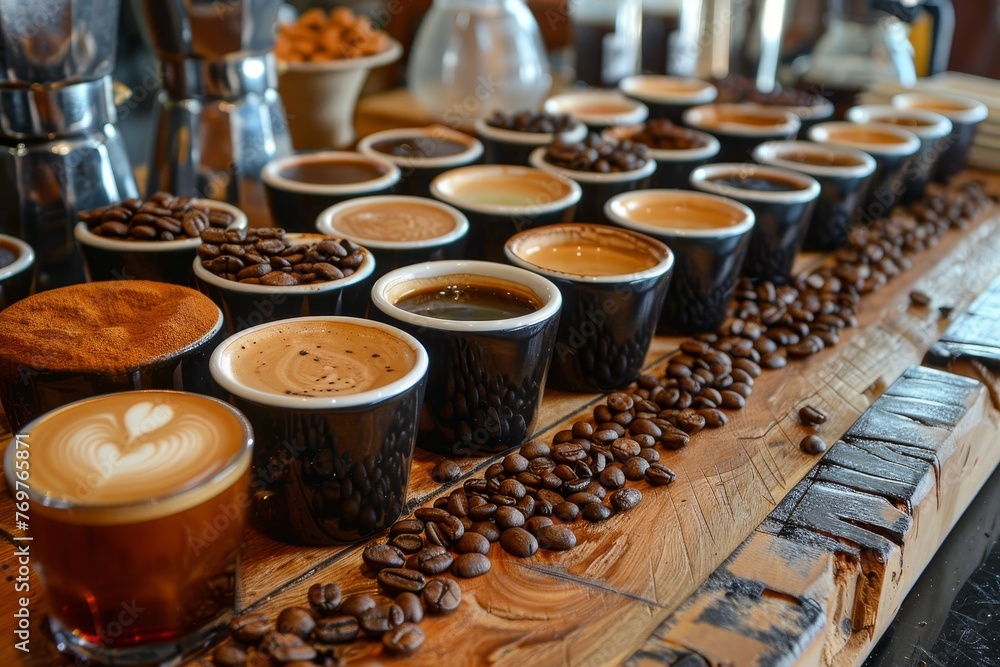 A bright cafe setting with various coffee cups, beans, and notes enhances the focus on flavors during a coffee tasting session