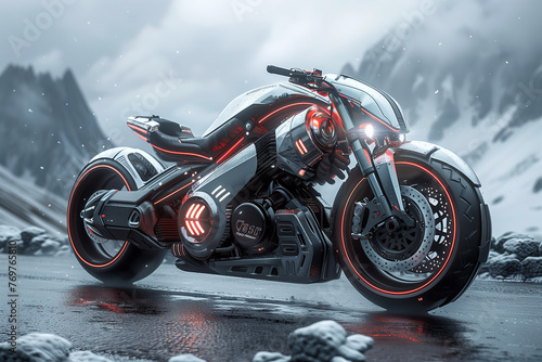 Futuristic motorcycle on snowy terrain.