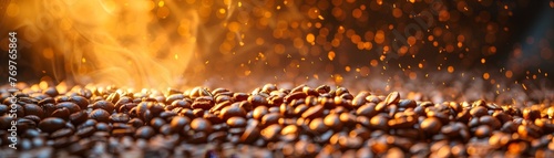 In the coffee roasting process, beans tumble in the roaster, showcasing warm, rich colors and a hint of smoke